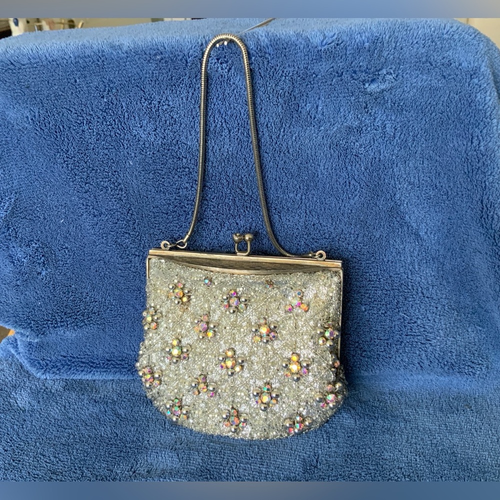 VINTAGE RAINBOW RHINESTONE & BEADED PURSE.